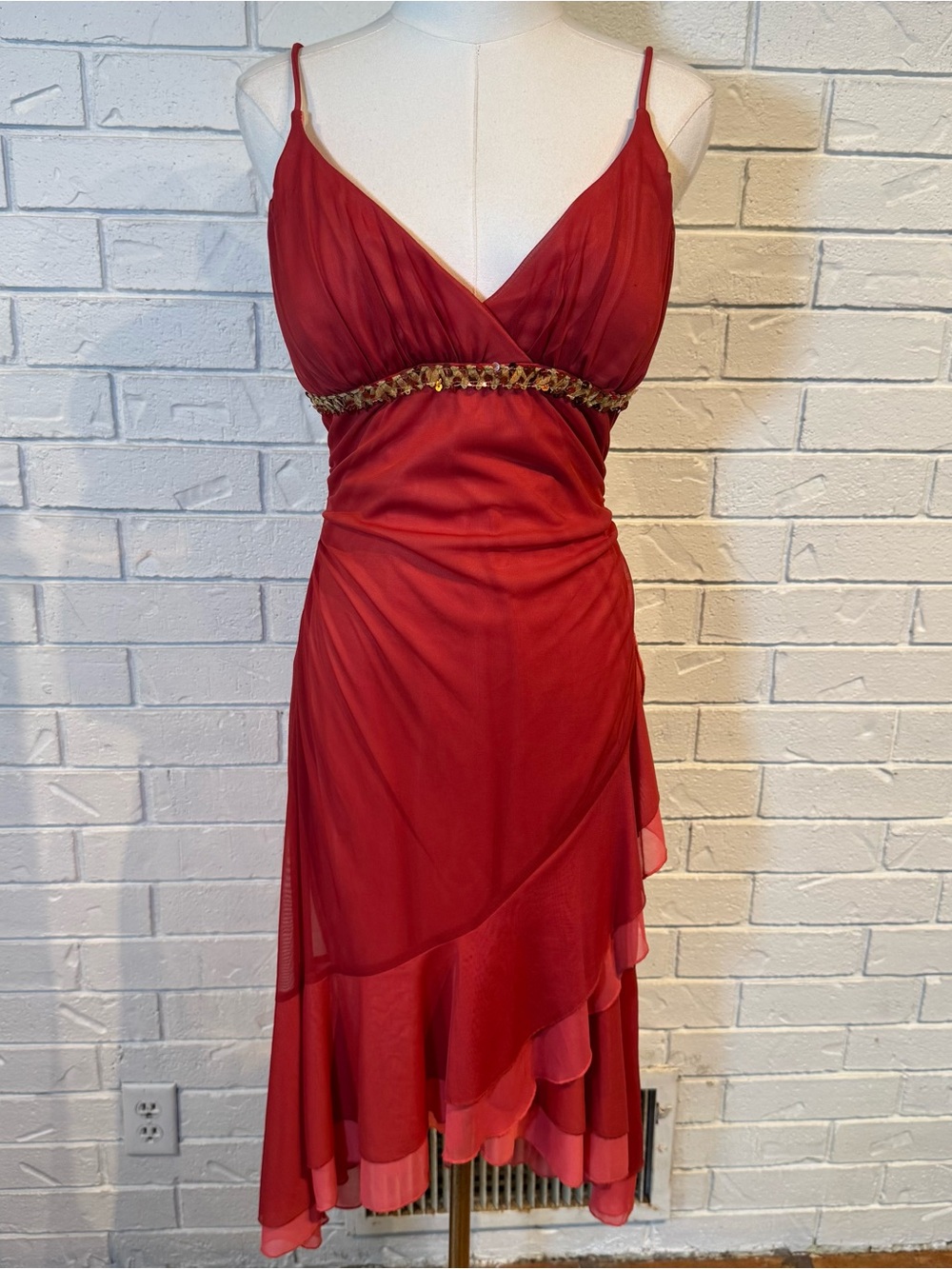 Vintage Y2K City Triangles Red Flowy Ruffle Midi Dress Womens S